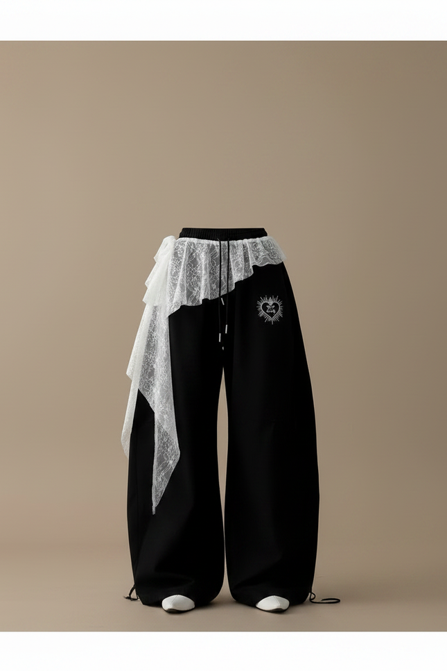 Pantalon Jupe Noir Ample Brodé Dentelle Irrégulière - Coton - vue 3