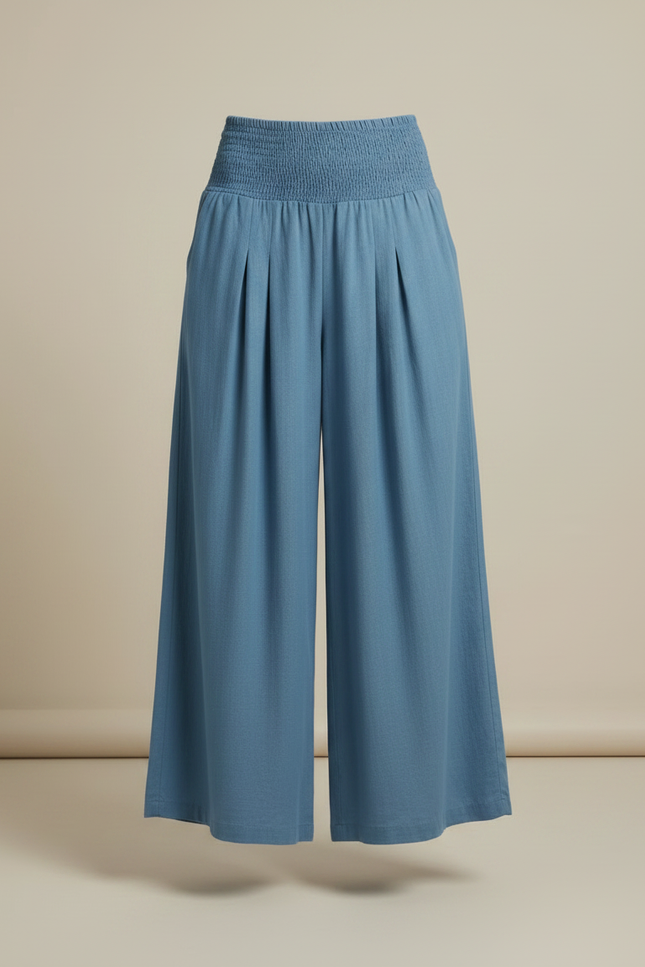 Pantalon Jupe Bleu Fluide Ample Smocké Décontracté - Lin - vue 3