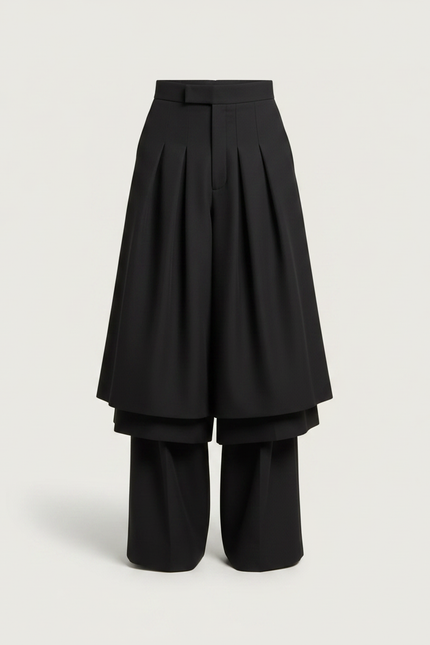 Pantalon Jupe Noir Plissé Ample Superposé Élegant - Gabardine - vue 3