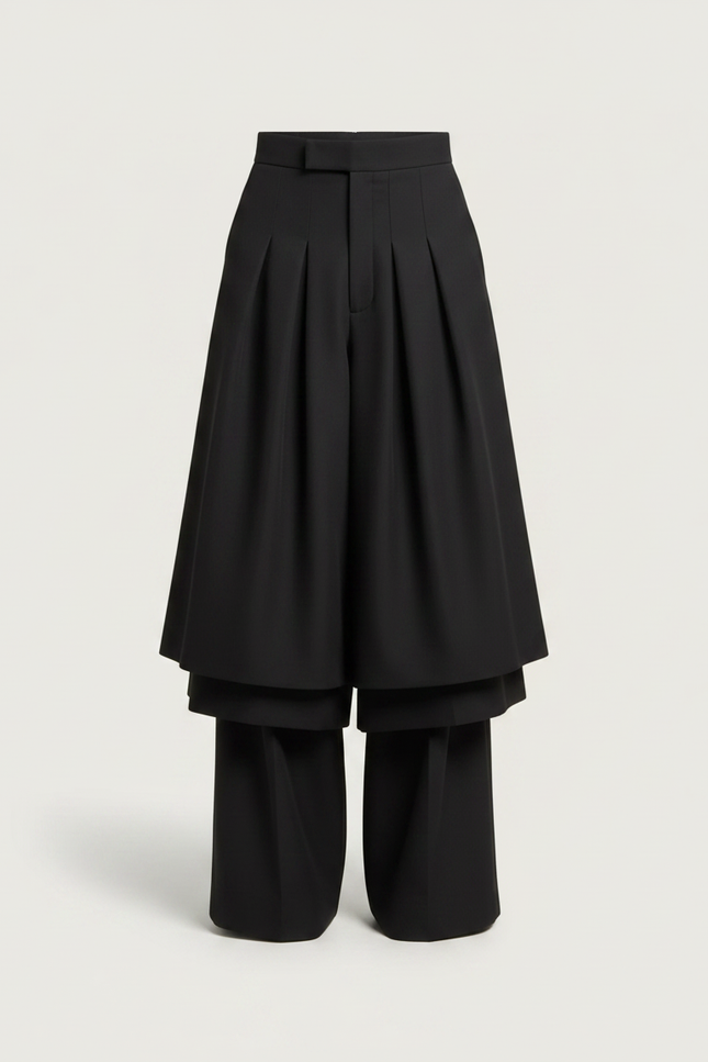Pantalon Jupe Noir Plissé Ample Superposé Élegant - Gabardine - vue 3