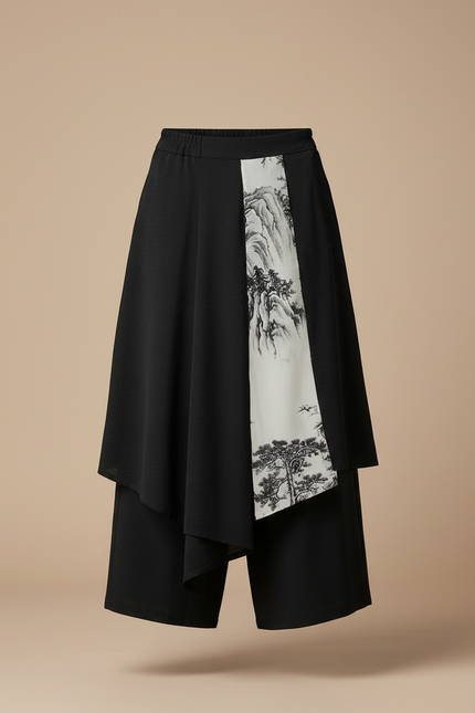 Pantalon Jupe Noir Ample Asymétrique Paysage - Polyester - vue 3