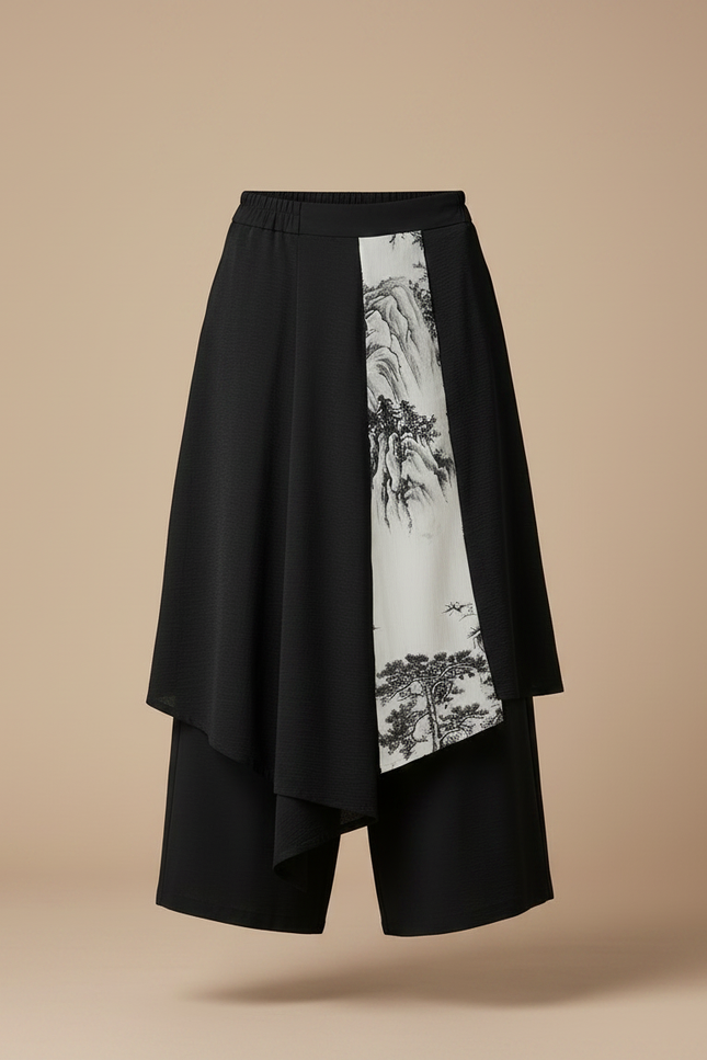Pantalon Jupe Noir Ample Asymétrique Paysage - Polyester - vue 3