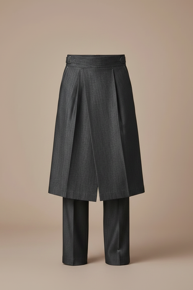 Pantalon Jupe Gris Plissé Homme Élégant Chic - Gabardine - vue 3
