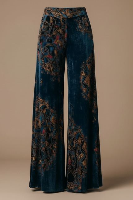 Pantalon Jupe Velours Bleu Imprimé Évasé Chic - vue 3