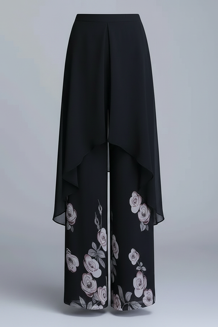 Pantalon Jupe Noir Fleurs Chiffon Ample Élégant - Polyester - vue 3