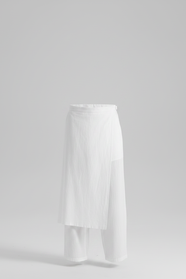 Pantalon Jupe Blanc Coton Lin Ample Asymétrique Décontracté - vue 3