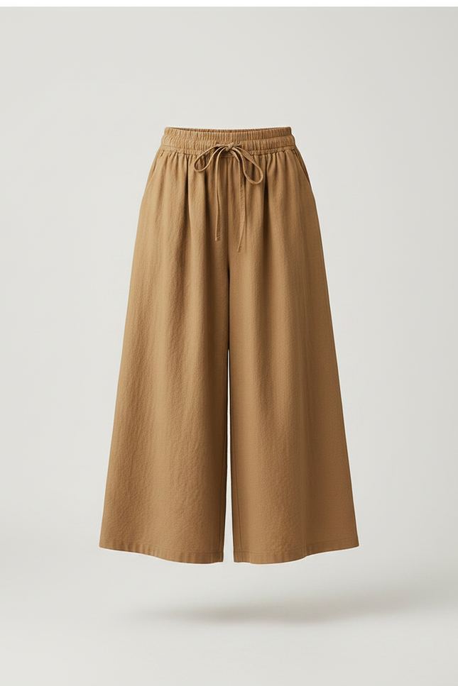 Pantalon Jupe Marron Coton Lin Ample Fluide Décontracté - vue 3