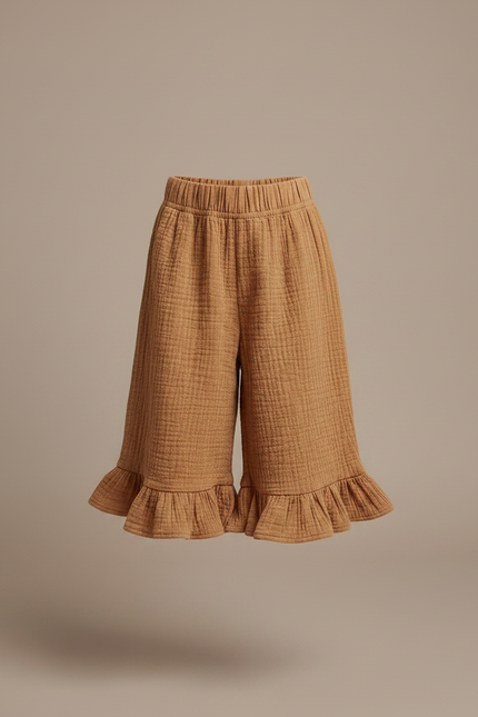 Pantalon Jupe Marron Fluide Volants Enfant Coton - Camel - vue 3
