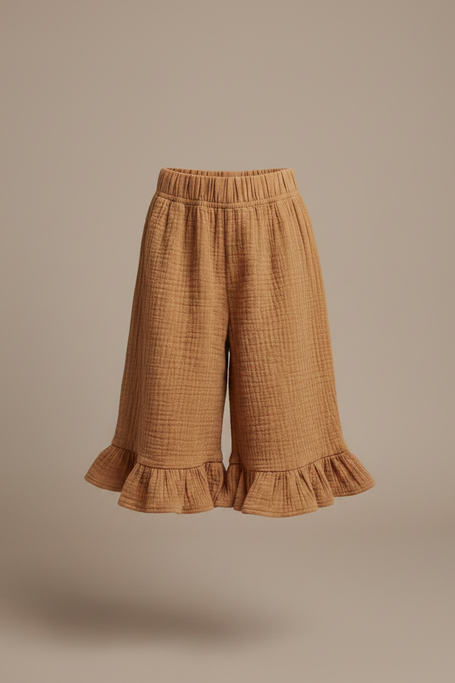 Pantalon Jupe Marron Fluide Volants Enfant Coton - Camel - vue 3