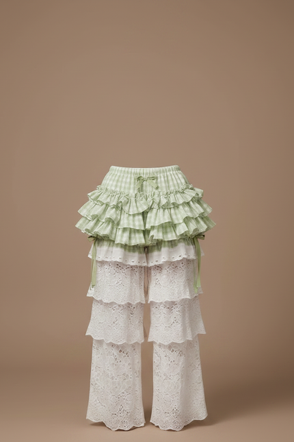 Pantalon Jupe Vert Plaid Volants Kawaii Esthétique - Coton - vue 3