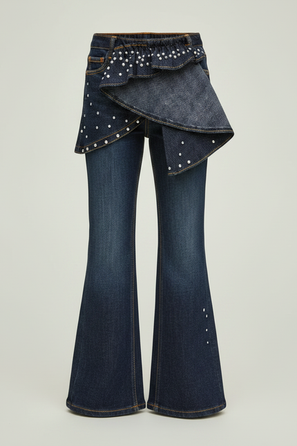Pantalon Jupe Denim Évasé Bleu Perles Fille - Marine Jean - vue 3