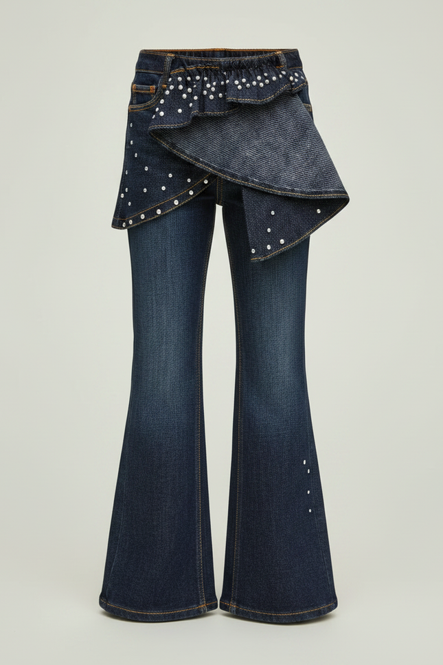 Pantalon Jupe Denim Évasé Bleu Perles Fille - Marine Jean - vue 3