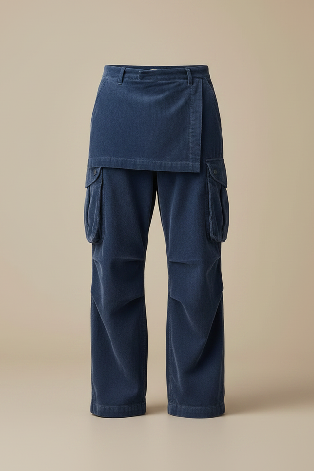 Pantalon Jupe Bleu Cordon Cargo Ample Décontracté - Cordé - vue 3