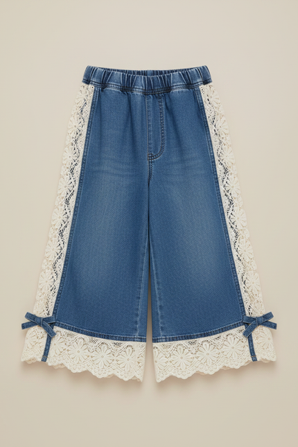 Pantalon Jupe Denim Bleu Dentelle Évasé Fille - Jean - vue 3
