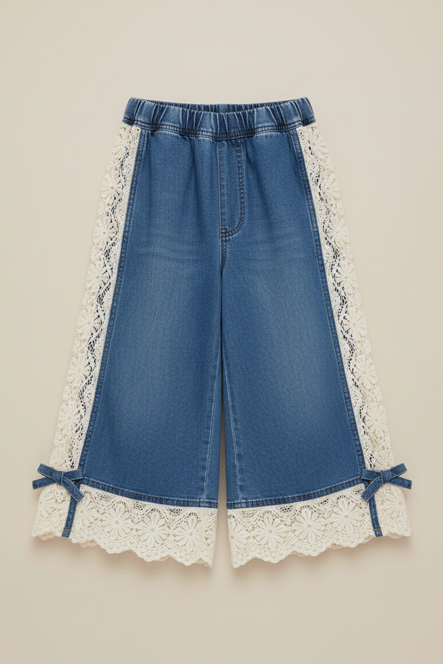 Pantalon Jupe Denim Bleu Dentelle Évasé Fille - Jean - vue 3