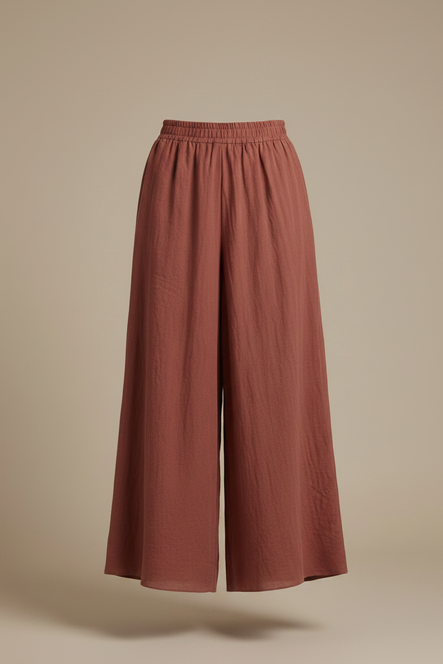 Pantalon Jupe Ample Lin Marron Élastique Fluide Femme - vue 3