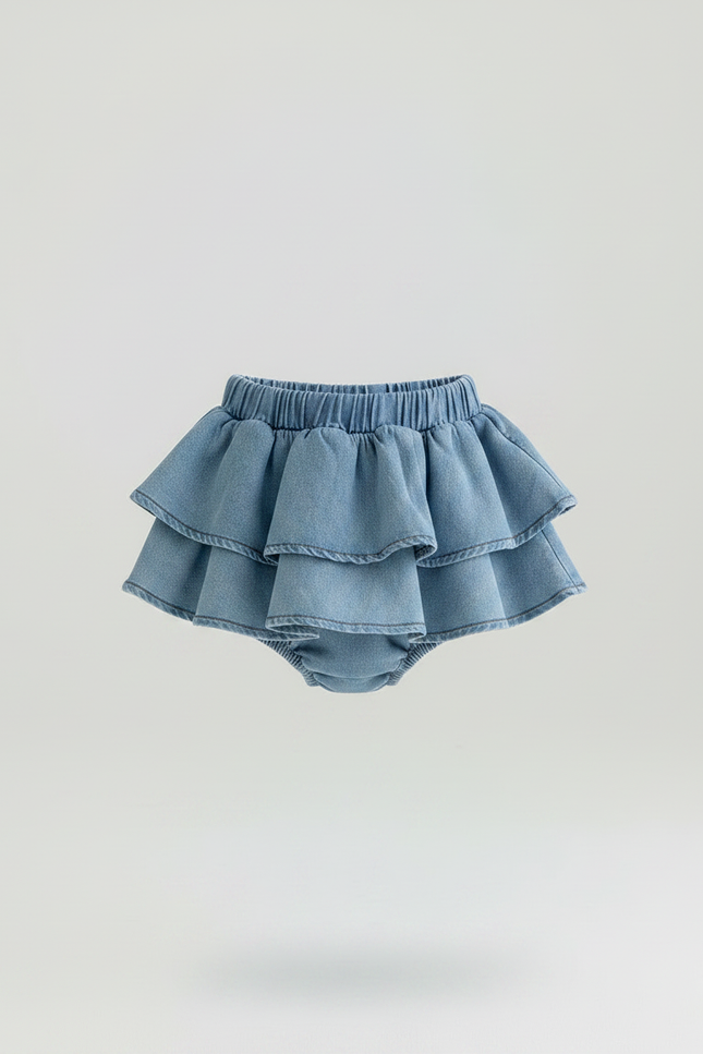Pantalon Jupe Denim Bleu Volants Superposés Enfant Mignon - Jean - vue 3