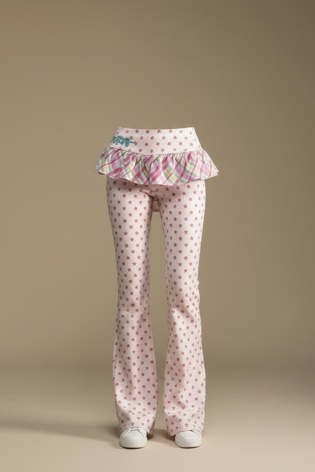 Pantalon Jupe Rose Étoiles Évasé Plaid Volants - Maille - vue 3