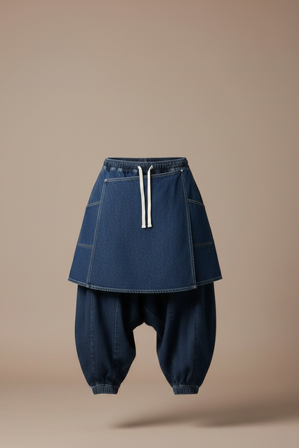 Pantalon Jupe Denim Bleu Ample Superposé Homme - Jean - vue 3