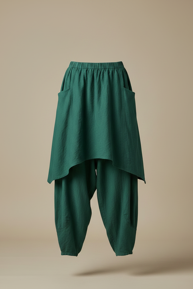 Pantalon Jupe Vert Lin Ample Superposé Confortable - vue 3
