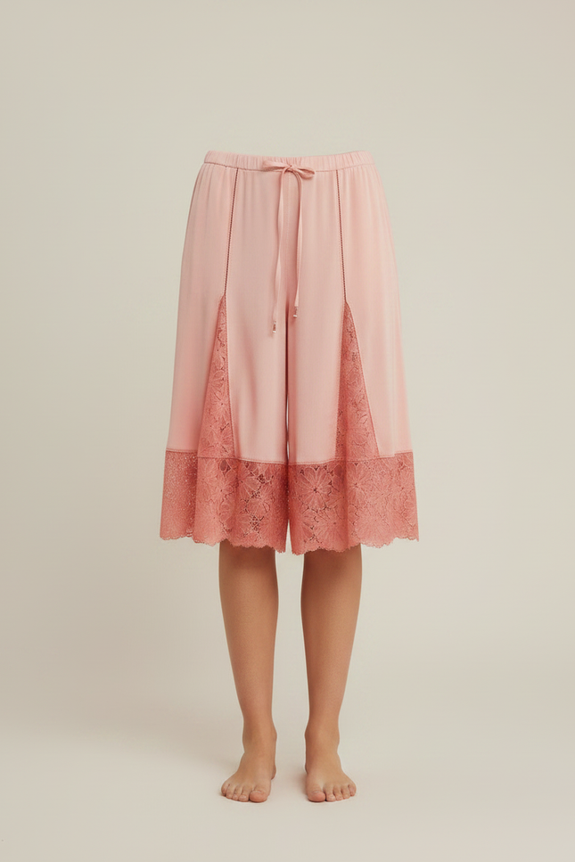 Pantalon Jupe Rose Satin Dentelle Fluide Ample - vue 3