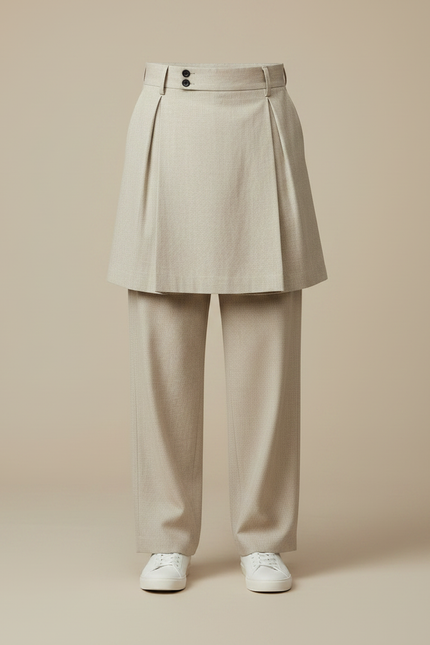 Pantalon Jupe Beige Plissé Ample Homme Moderne - Gabardine - vue 3