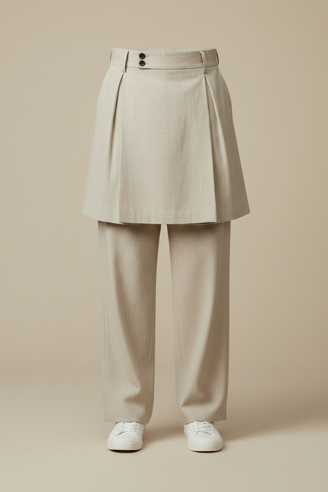 Pantalon Jupe Beige Plissé Ample Homme Moderne - Gabardine - vue 3