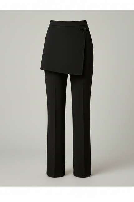 Pantalon Jupe Noir Droit Superposé Élégant Femme - Gabardine - vue 3