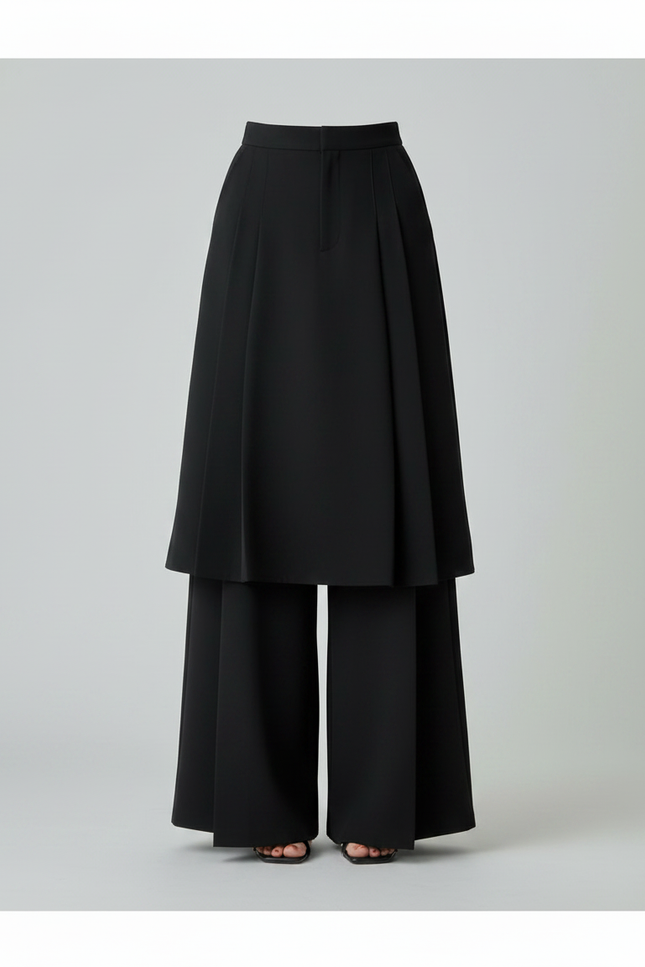 Pantalon Jupe Noir Plissé Fluide Élégant Ample - Polyester - vue 3