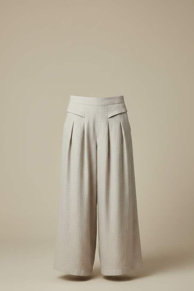 Pantalon Jupe Beige Lin Ample Plissé Fluide - vue 3